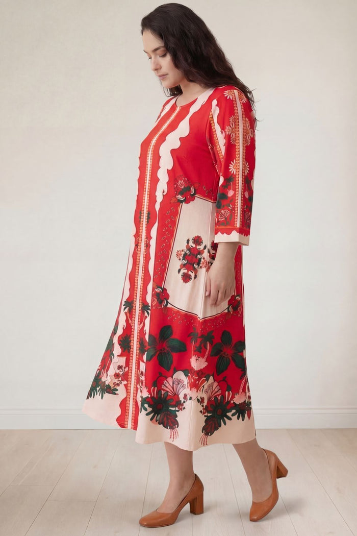 Plus Size Pink Floral Printed A-Line Dress