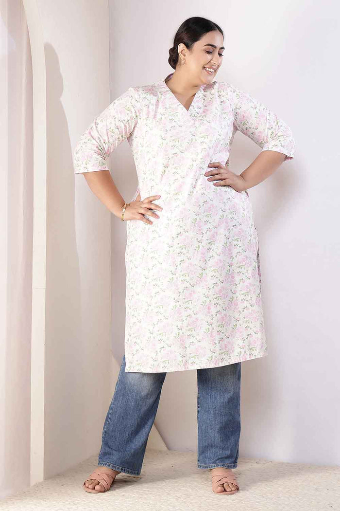 Plus Size Pink Floral V Neck Cotton Kurta