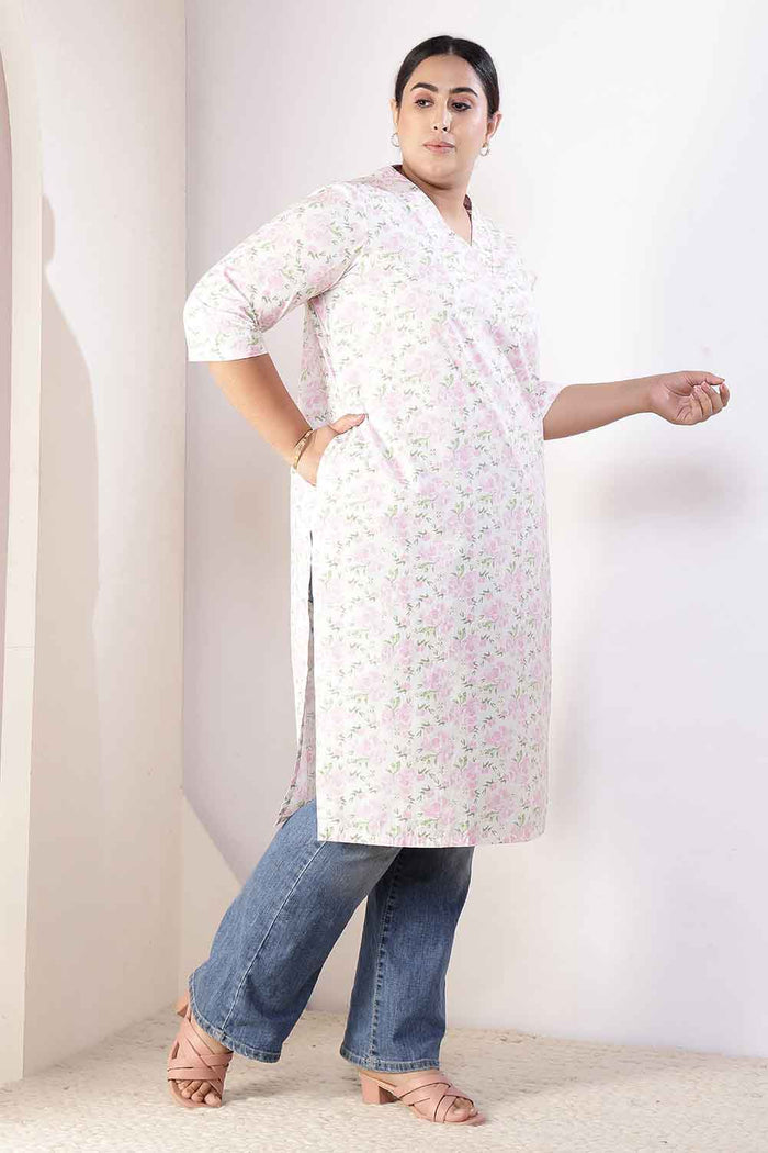 Plus Size Pink Floral V Neck Cotton Kurta