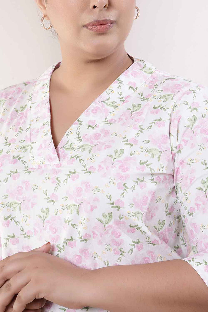 Plus Size Pink Floral V Neck Cotton Kurta