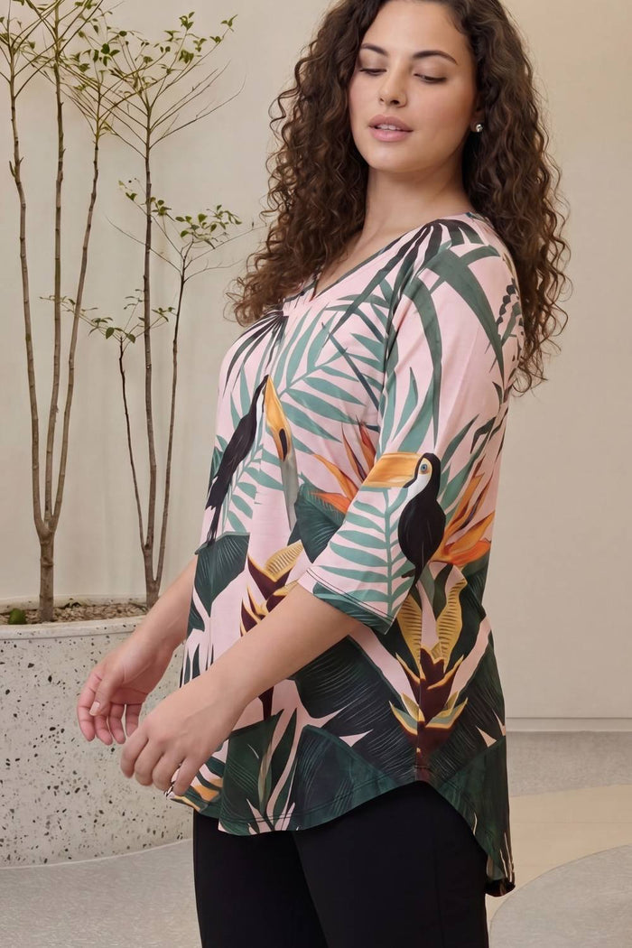 Plus Size Pink Tropical Print Centre Pleat Top