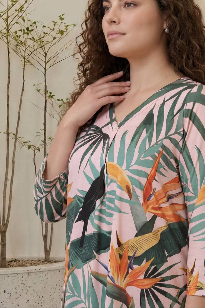 Plus Size Pink Tropical Print Centre Pleat Top