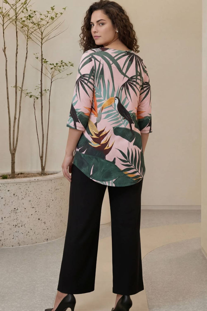 Plus Size Pink Tropical Print Centre Pleat Top