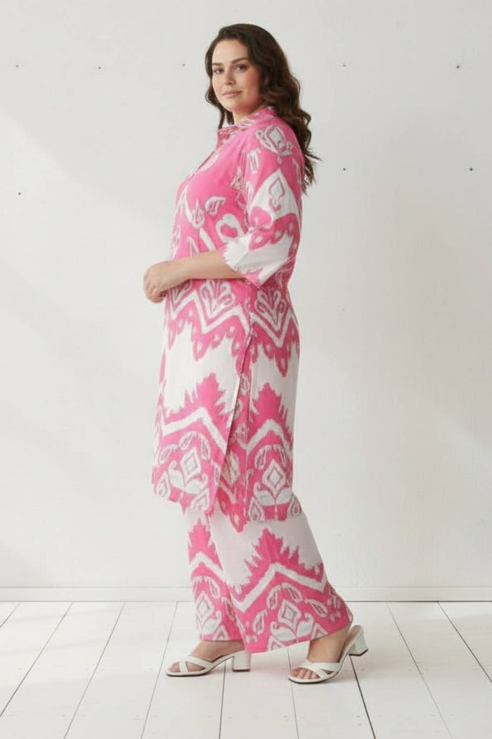 Plus Size Pink White Printed Co-ord Set
