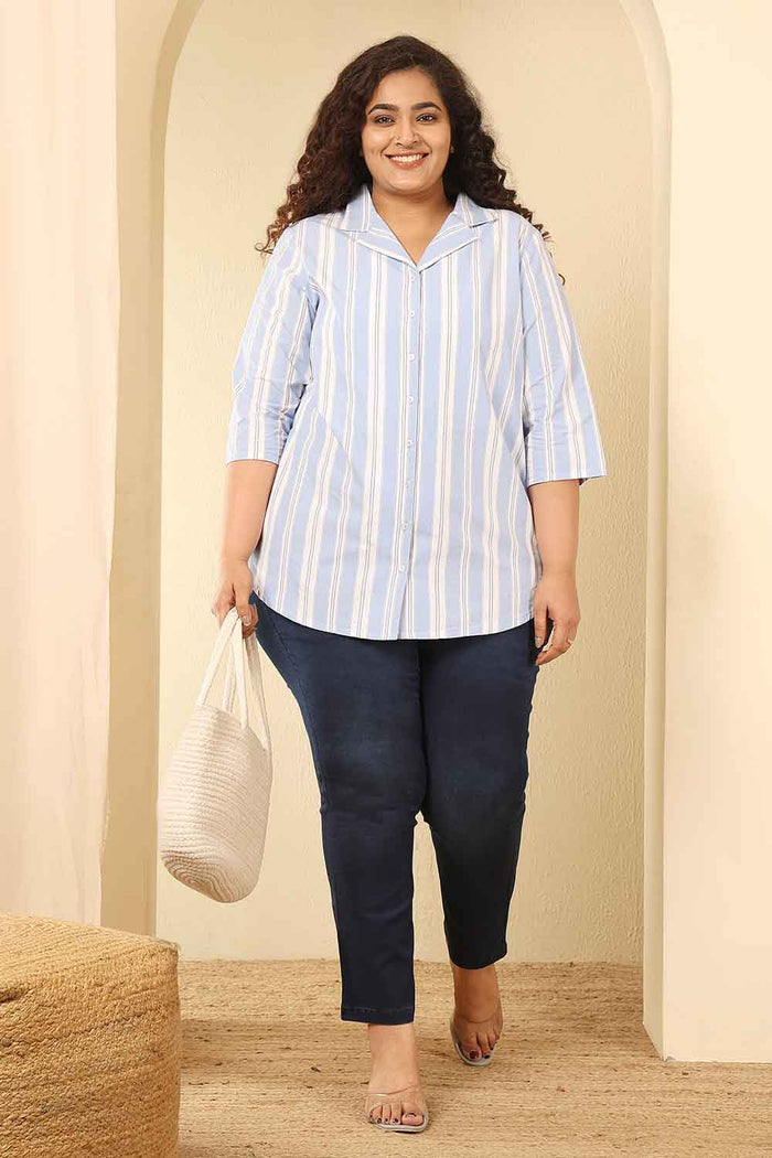 Plus Size Powder Blue Striped Cotton Cuban Collar Shirt