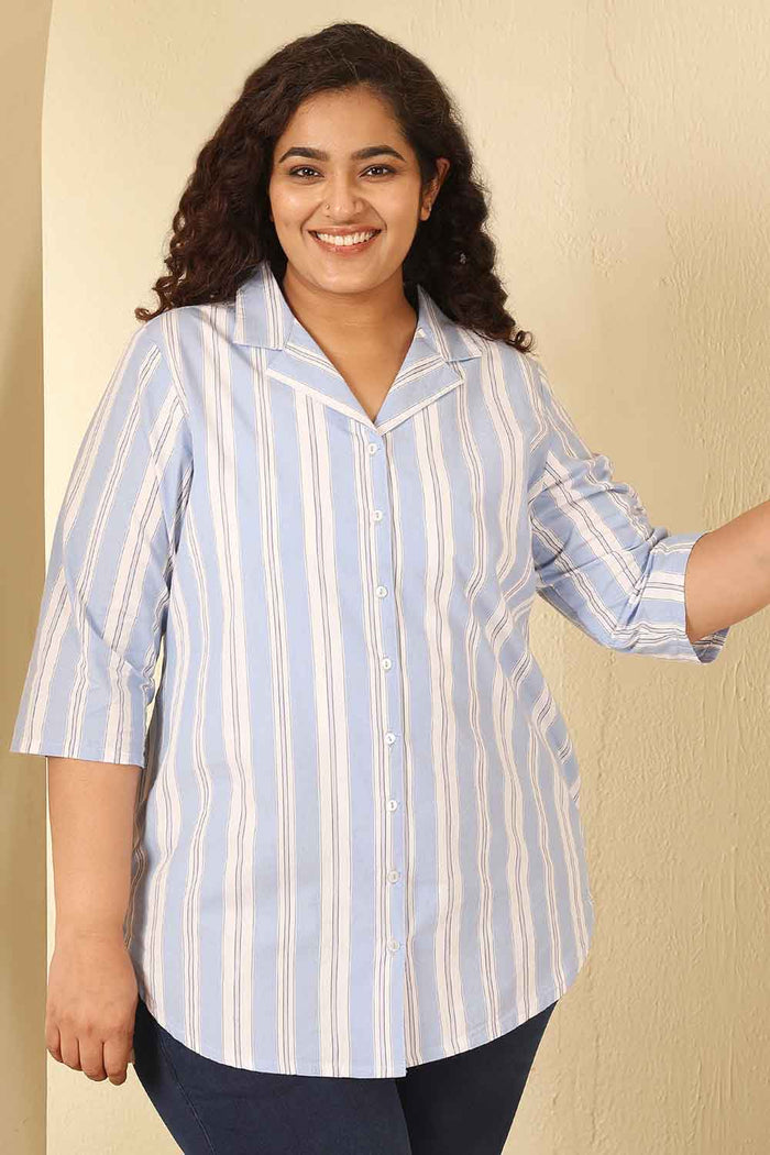 Plus Size Powder Blue Striped Cotton Cuban Collar Shirt