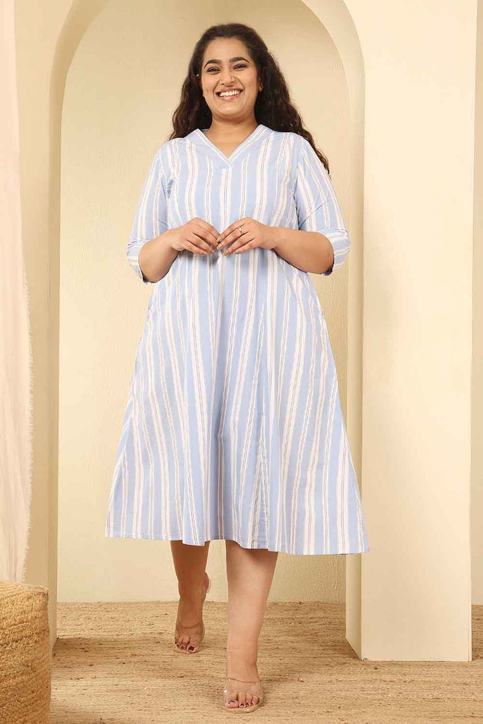 Plus Size Powder Blue Striped Cotton Midi Dress