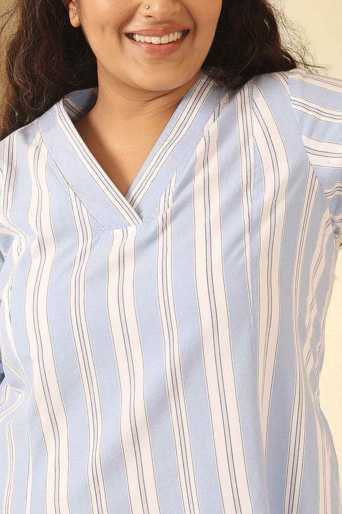 Plus Size Powder Blue Striped Cotton Midi Dress
