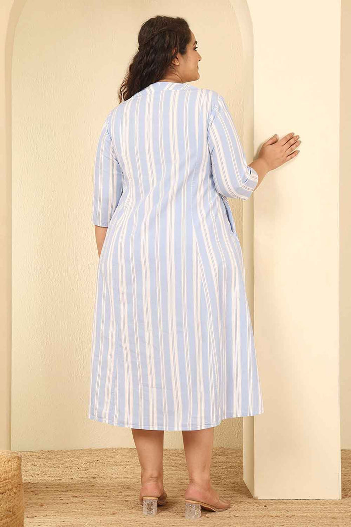 Plus Size Powder Blue Striped Cotton Midi Dress