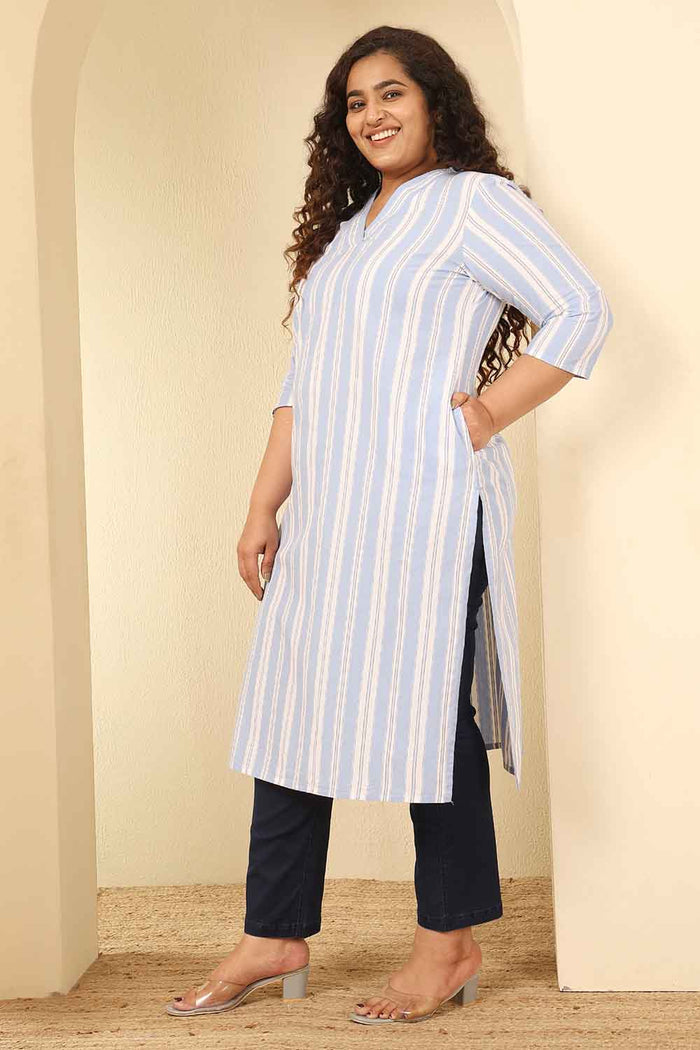 Plus Size Powder Blue Striped Cotton V Neck Kurta