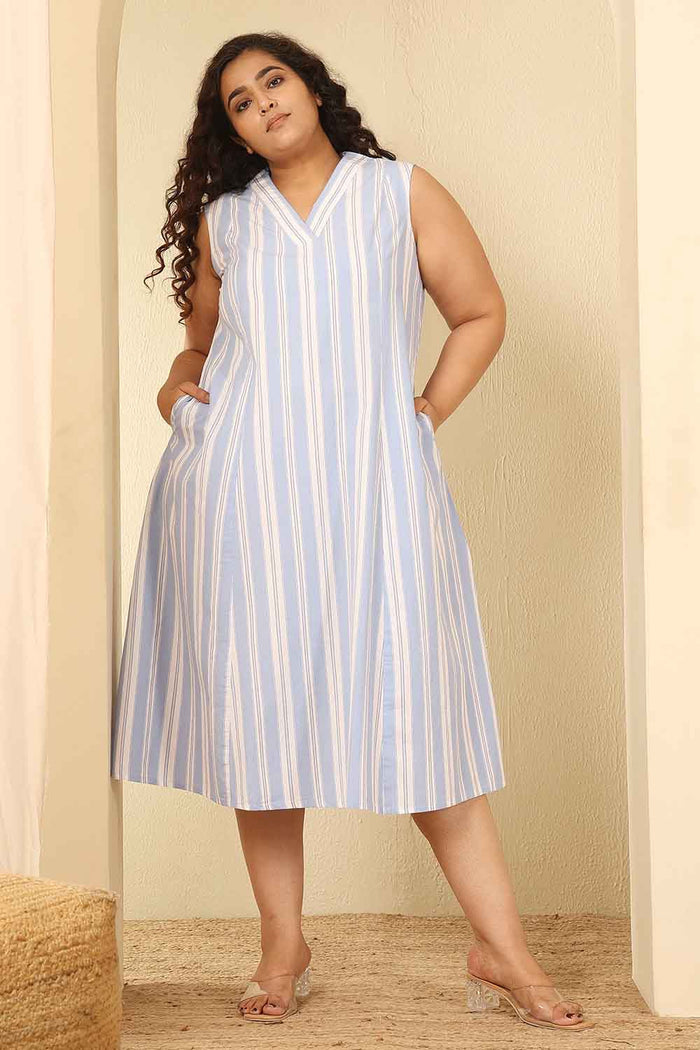 Plus Size Powder Blue Striped Sleeveless Cotton Midi Dress