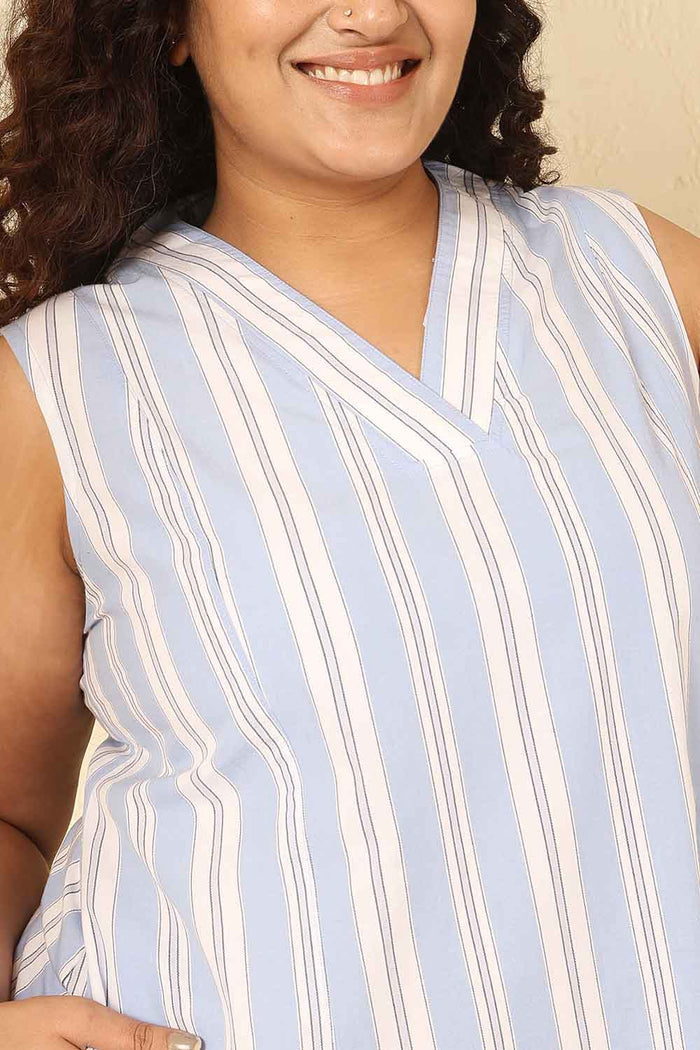 Plus Size Powder Blue Striped Sleeveless Cotton Midi Dress