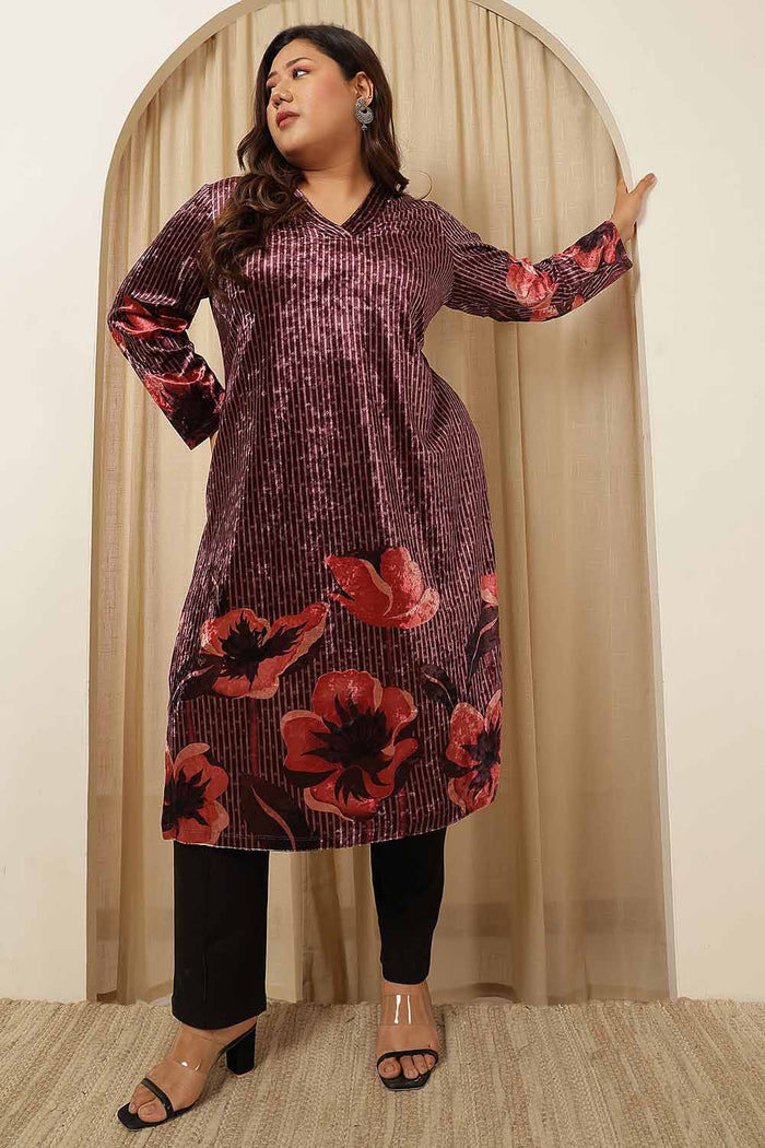 Plus Size Purple Floral Border Velvet Kurta