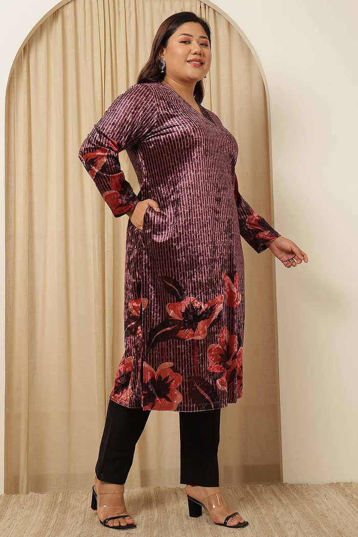 Plus Size Purple Floral Border Velvet Kurta