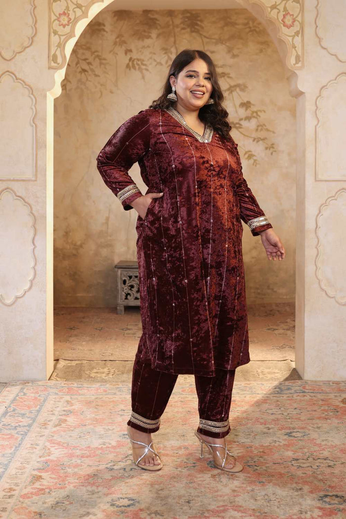 Plus Size Purple Print Velvet V Neck Suit Set