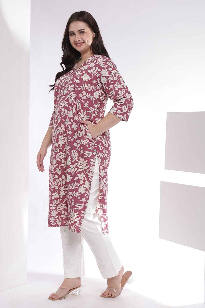Plus Size Purple Taupe Floral Print Cotton V Neck Kurta