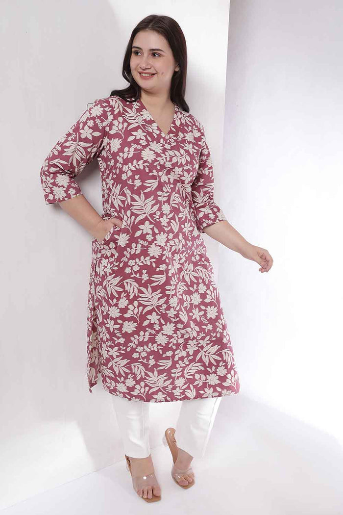 Plus Size Purple Taupe Floral Print Cotton V Neck Kurta