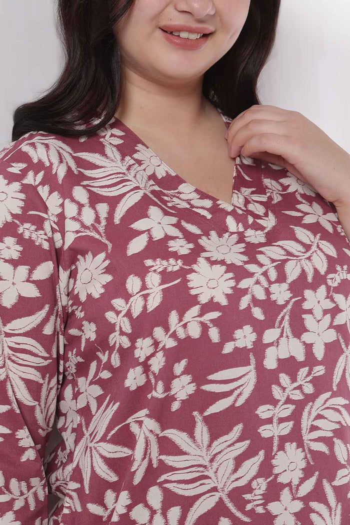 Plus Size Purple Taupe Floral Print Cotton V Neck Kurta