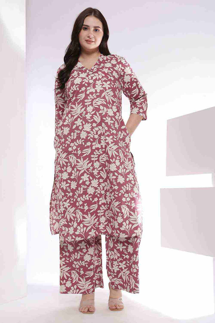 Plus Size Purple Taupe Floral Print Kurta Coord Set