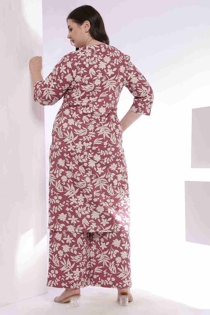 Plus Size Purple Taupe Floral Print Kurta Coord Set