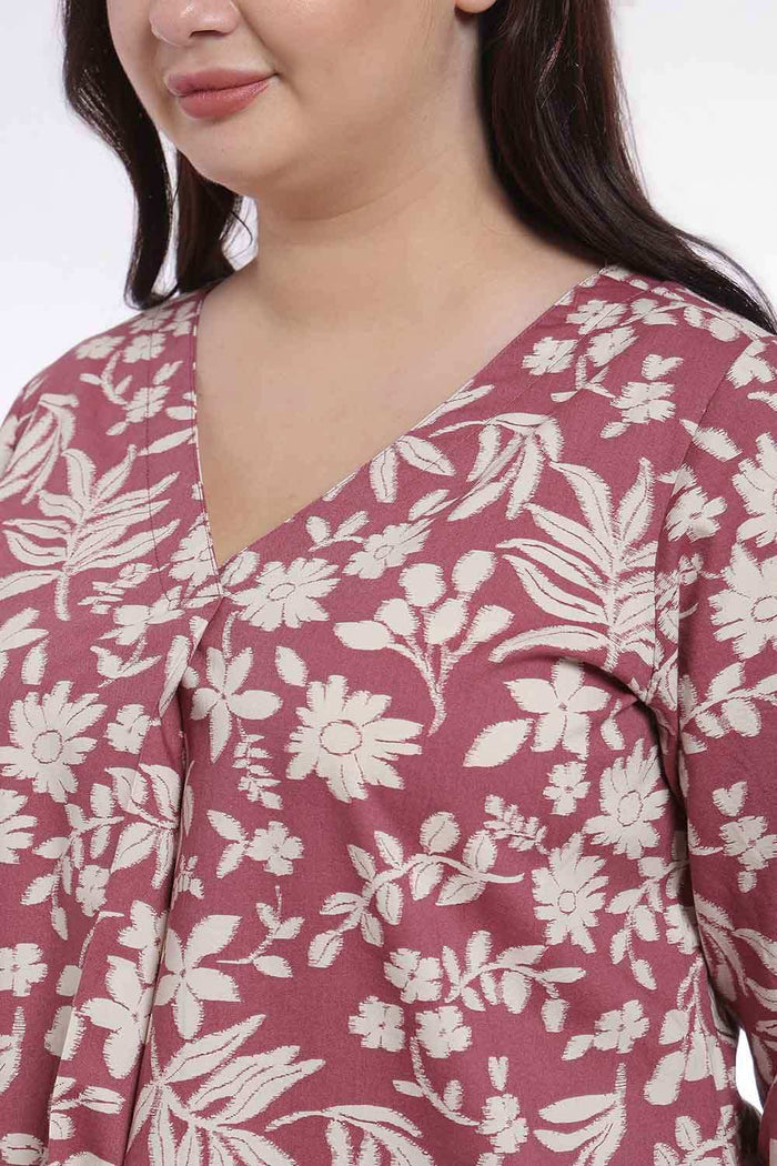 Plus Size Purple Taupe Floral Print V Neck Cotton Top