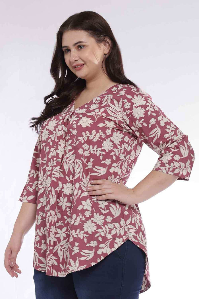 Plus Size Purple Taupe Floral Print V Neck Cotton Top