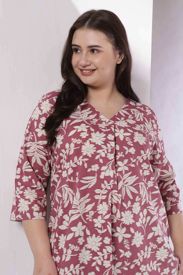 Plus Size Purple Taupe Floral Print V Neck Cotton Top