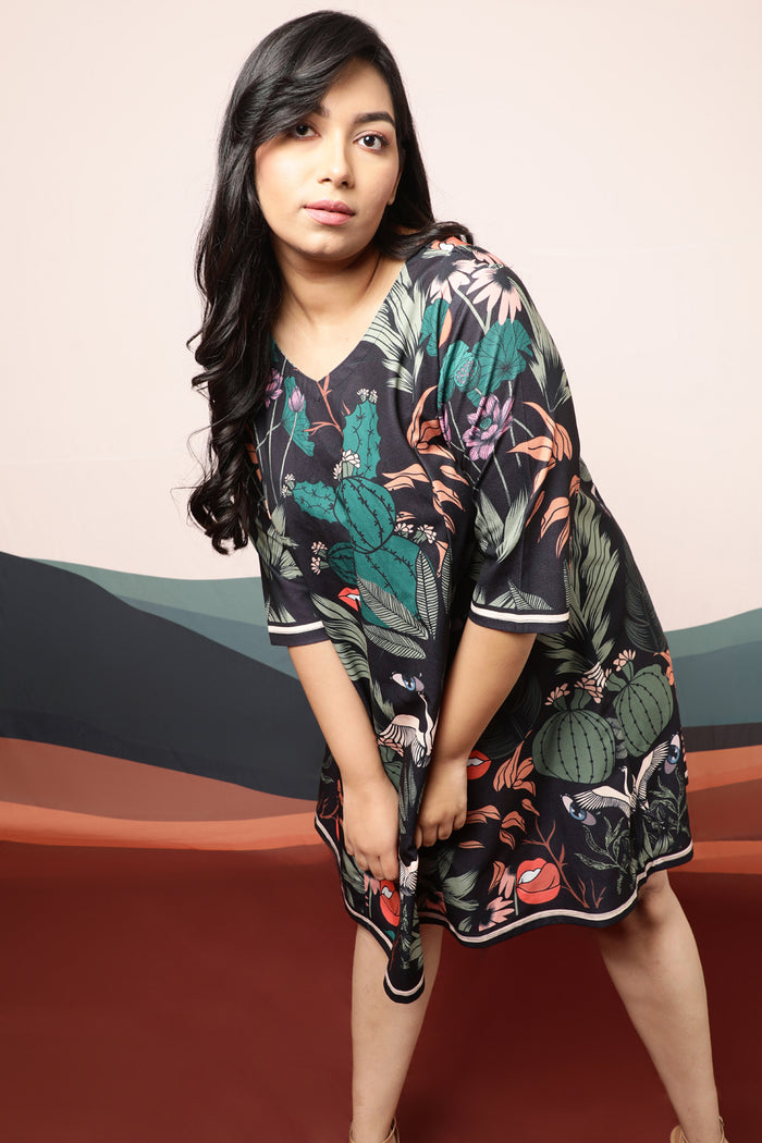 Plus Size Quirky Wildlife Black Printed Dress