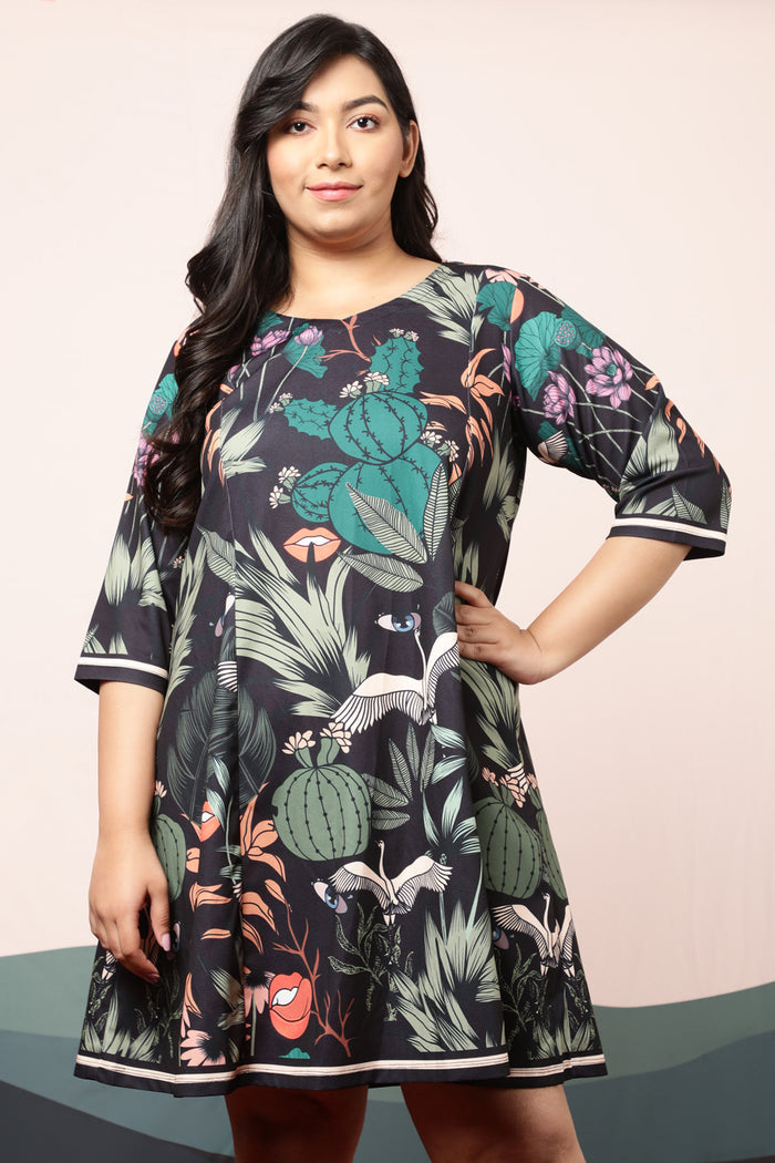 Plus Size Quirky Wildlife Black Printed Dress