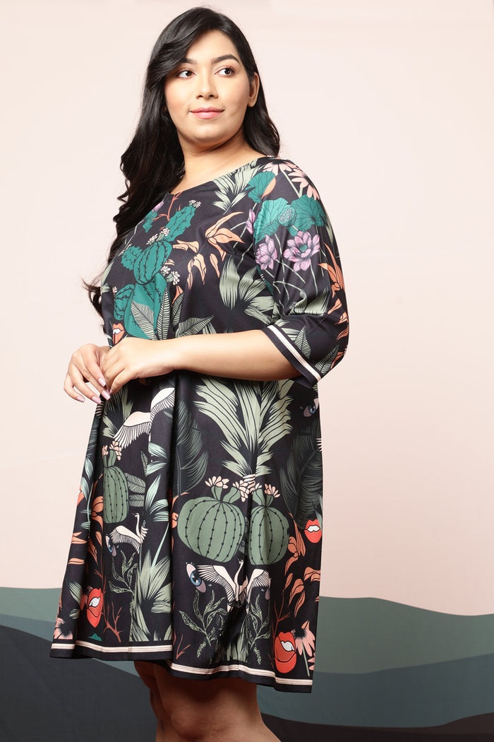 Plus Size Quirky Wildlife Black Printed Dress