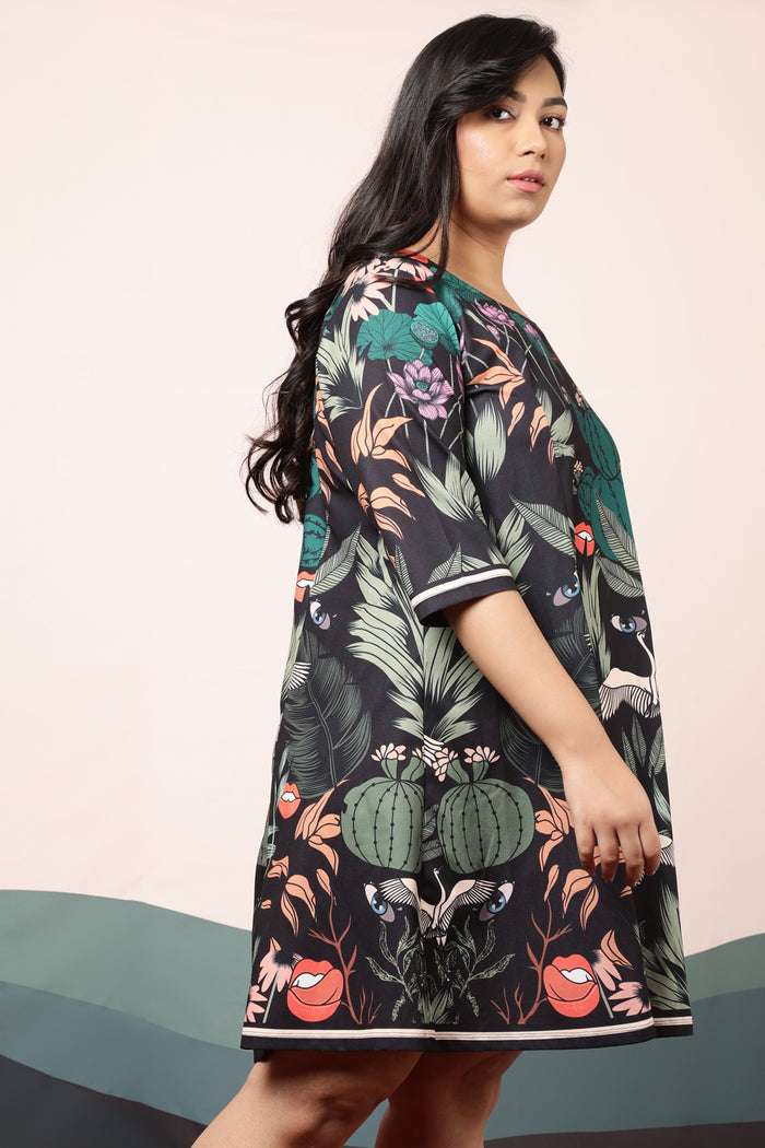 Plus Size Quirky Wildlife Black Printed Dress