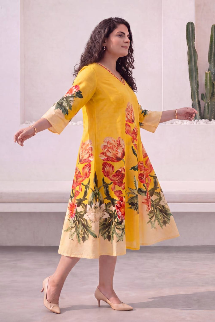 Plus Size Radiant Yellow Floral Print Cotton Midi Dress