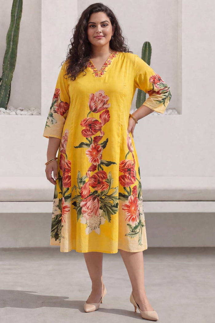 Plus Size Radiant Yellow Floral Print Cotton Midi Dress