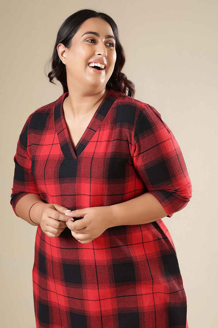 Plus Size Red & Black Check Cotton Flannel V Neck Kurta