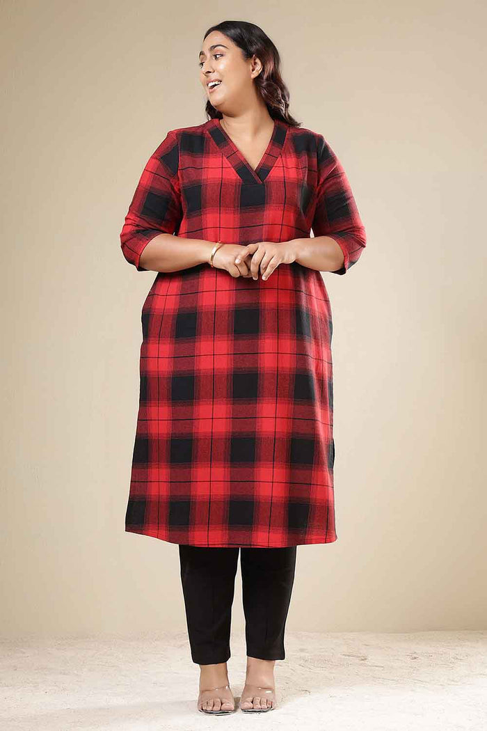 Plus Size Red & Black Check Cotton Flannel V Neck Kurta