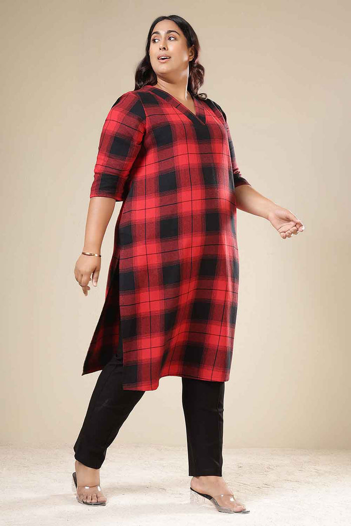 Plus Size Red & Black Check Cotton Flannel V Neck Kurta