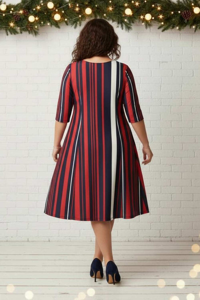 Plus Size Red Blue Striped A line Dress