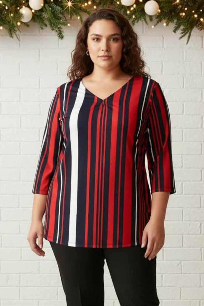 Plus Size Red Blue Striped Centre Pleat Top