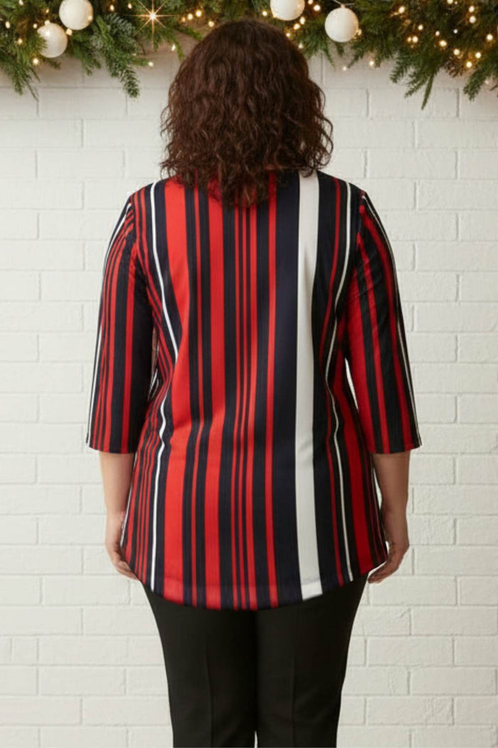 Plus Size Red Blue Striped Centre Pleat Top
