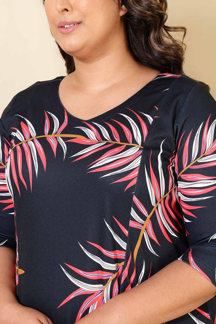 Plus Size Red Blue Tropical Print A line Dress