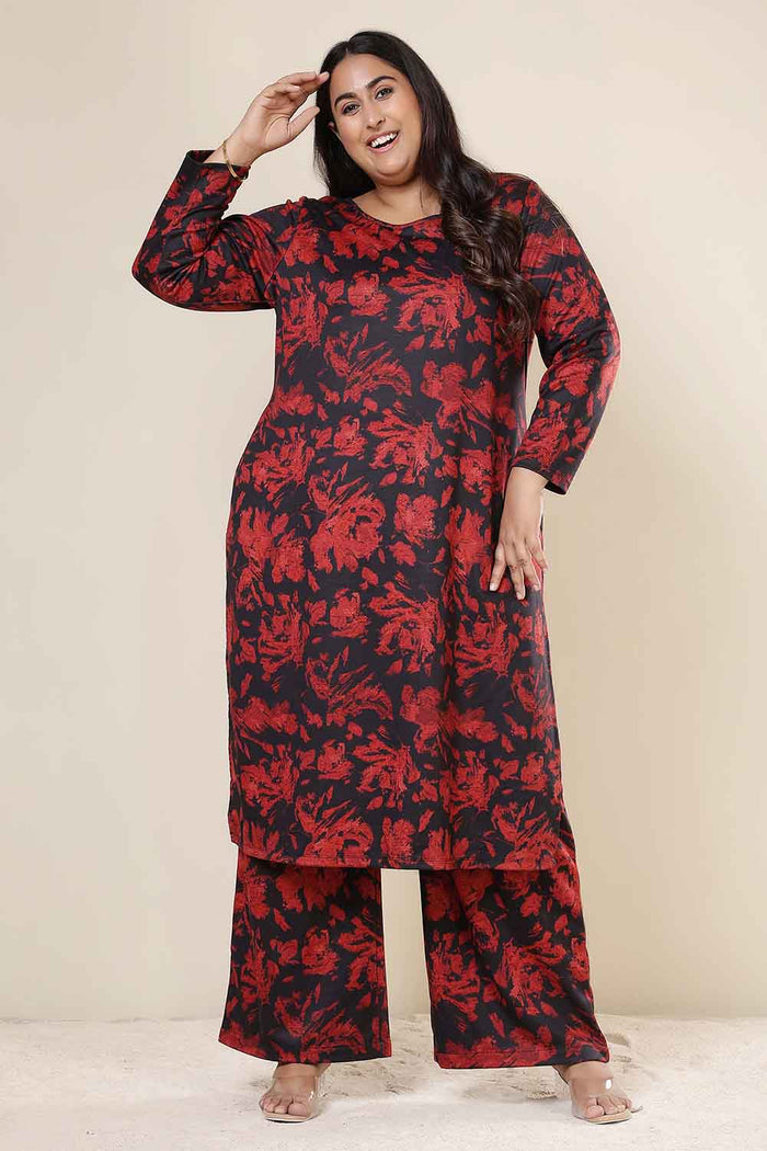 Plus Size Red Floral Kurta SnugWeave™ Winter Coord Set