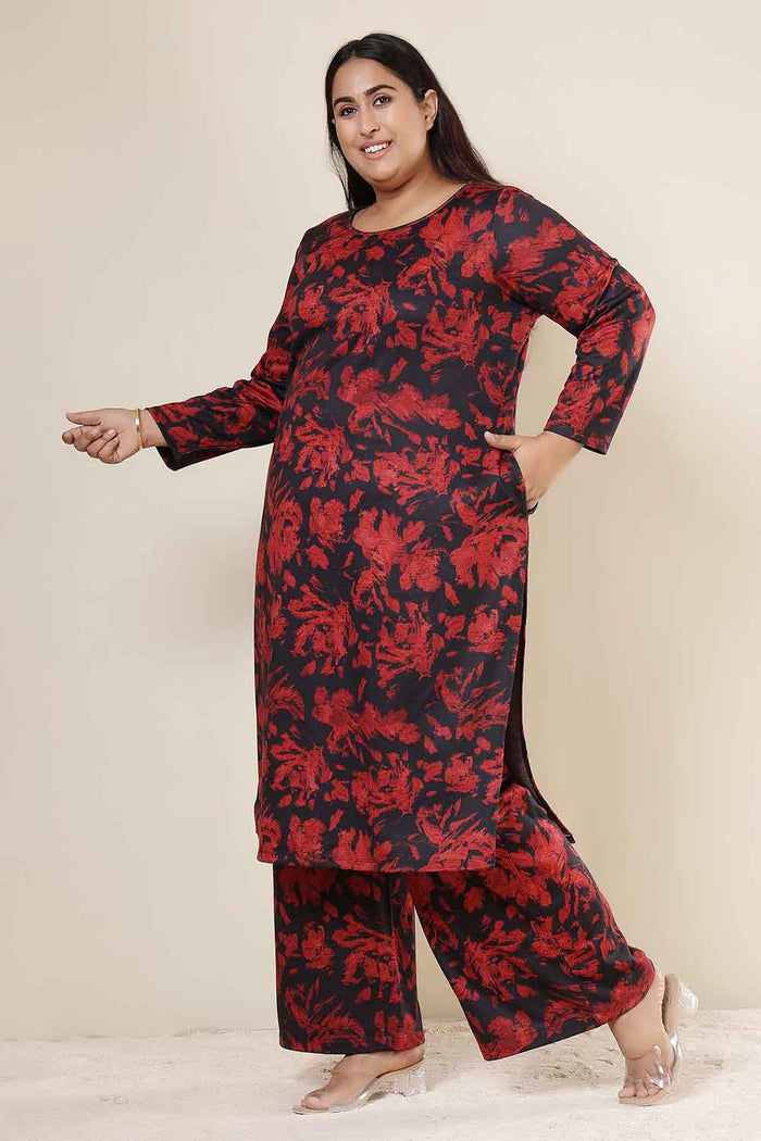 Plus Size Red Floral Kurta SnugWeave™ Winter Coord Set