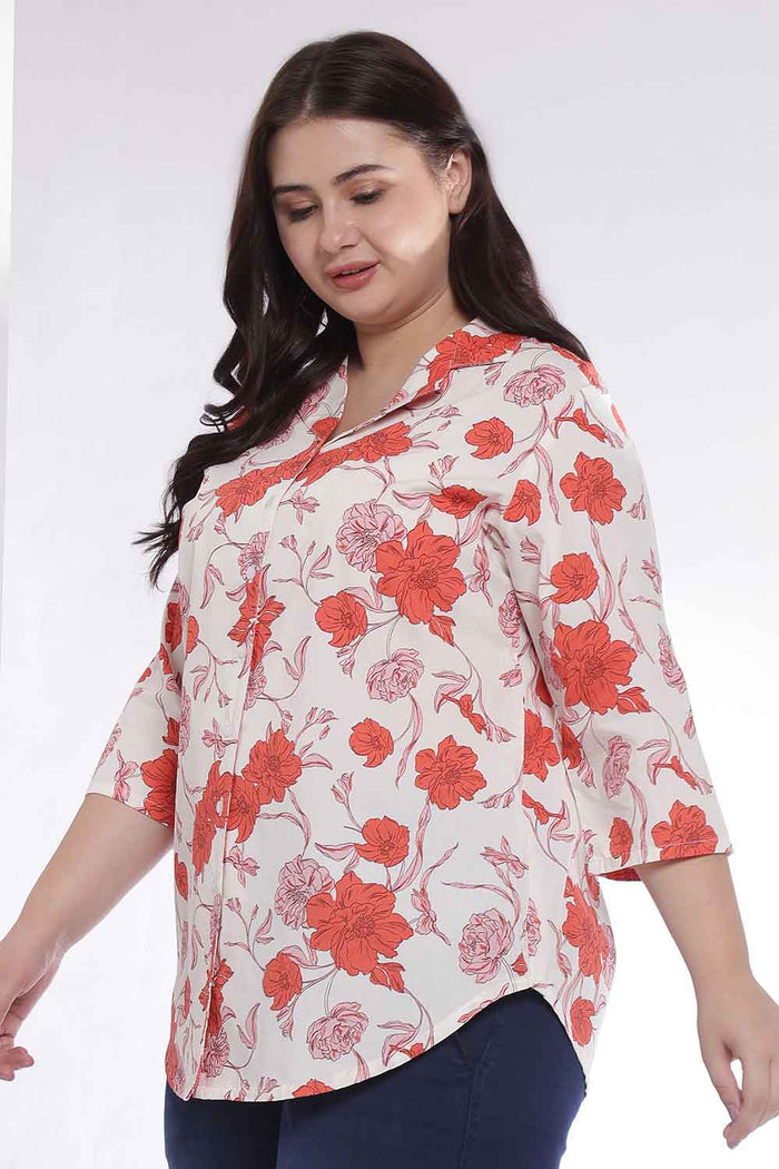 Plus Size Red Floral Print Cuban Collar Cotton Shirt