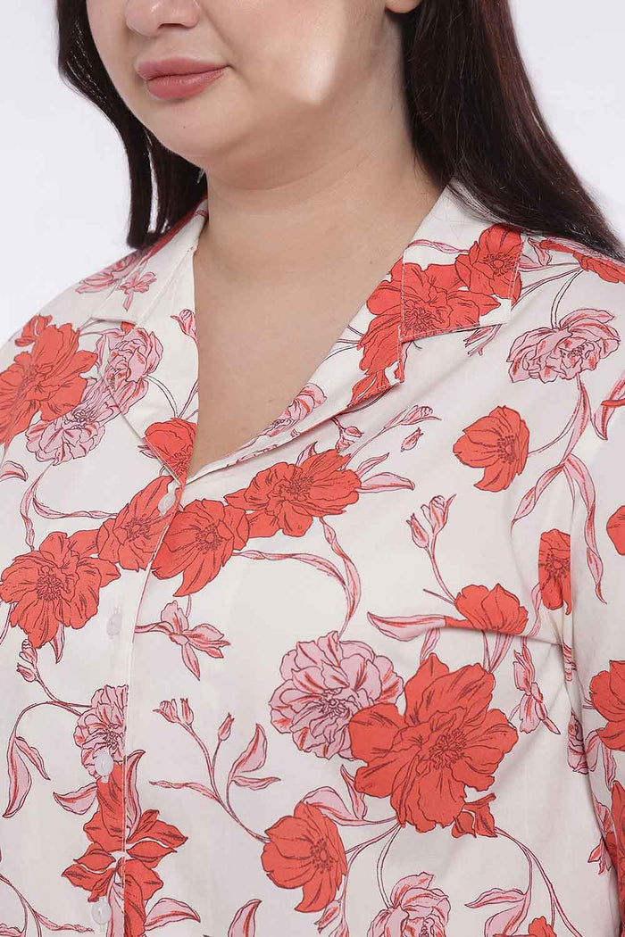 Plus Size Red Floral Print Cuban Collar Cotton Shirt