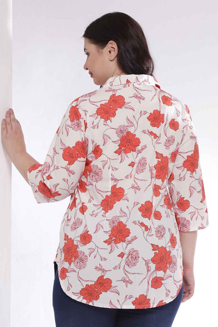 Plus Size Red Floral Print Cuban Collar Cotton Shirt