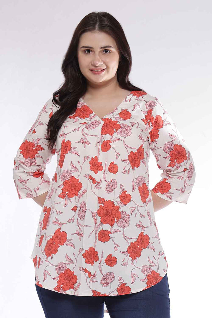 Plus Size Red Floral Print V Neck Cotton Top