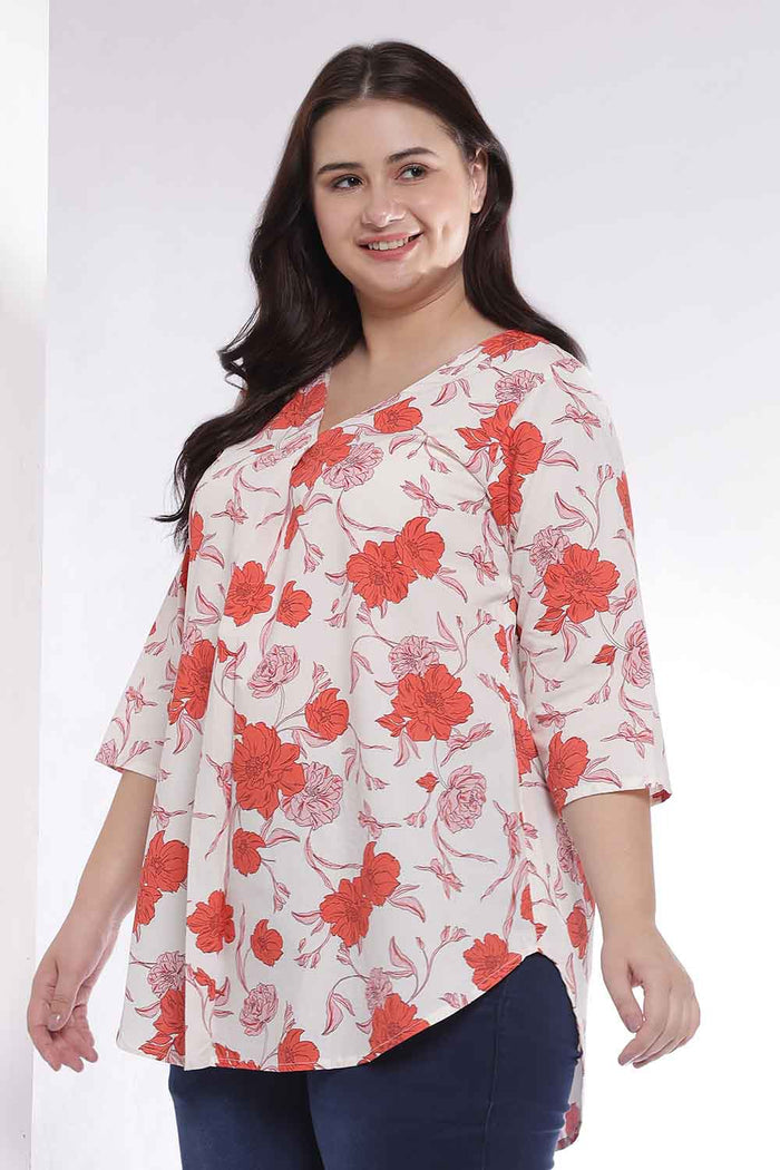 Plus Size Red Floral Print V Neck Cotton Top