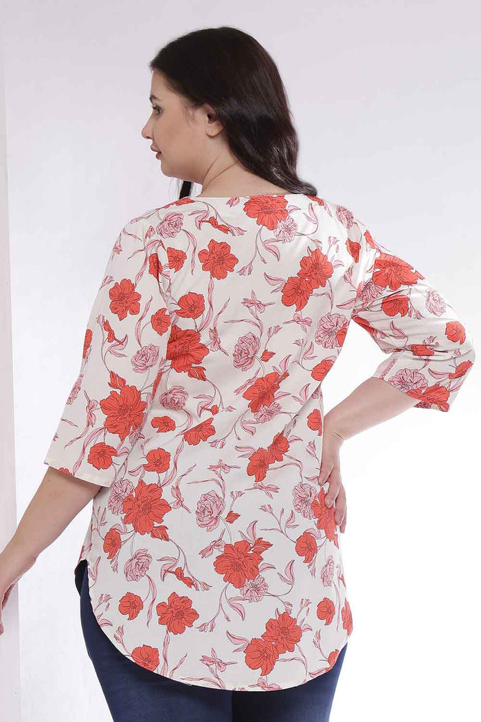 Plus Size Red Floral Print V Neck Cotton Top