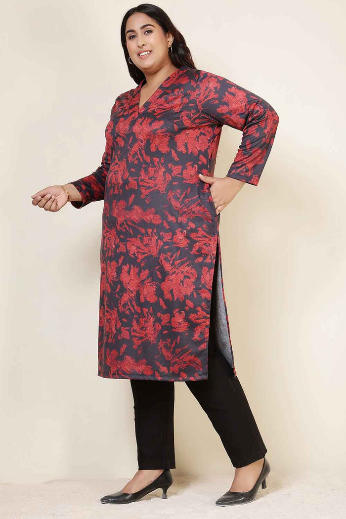 Plus Size Red Floral V Neck SnugWeave™ Winter Kurta