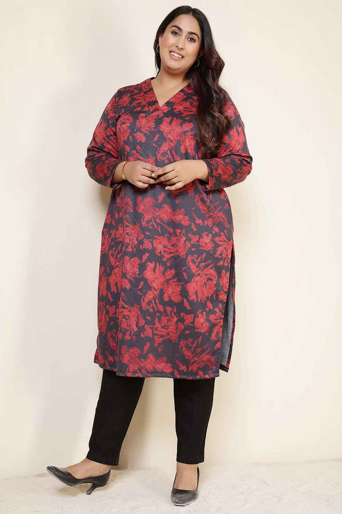 Plus Size Red Floral V Neck SnugWeave™ Winter Kurta